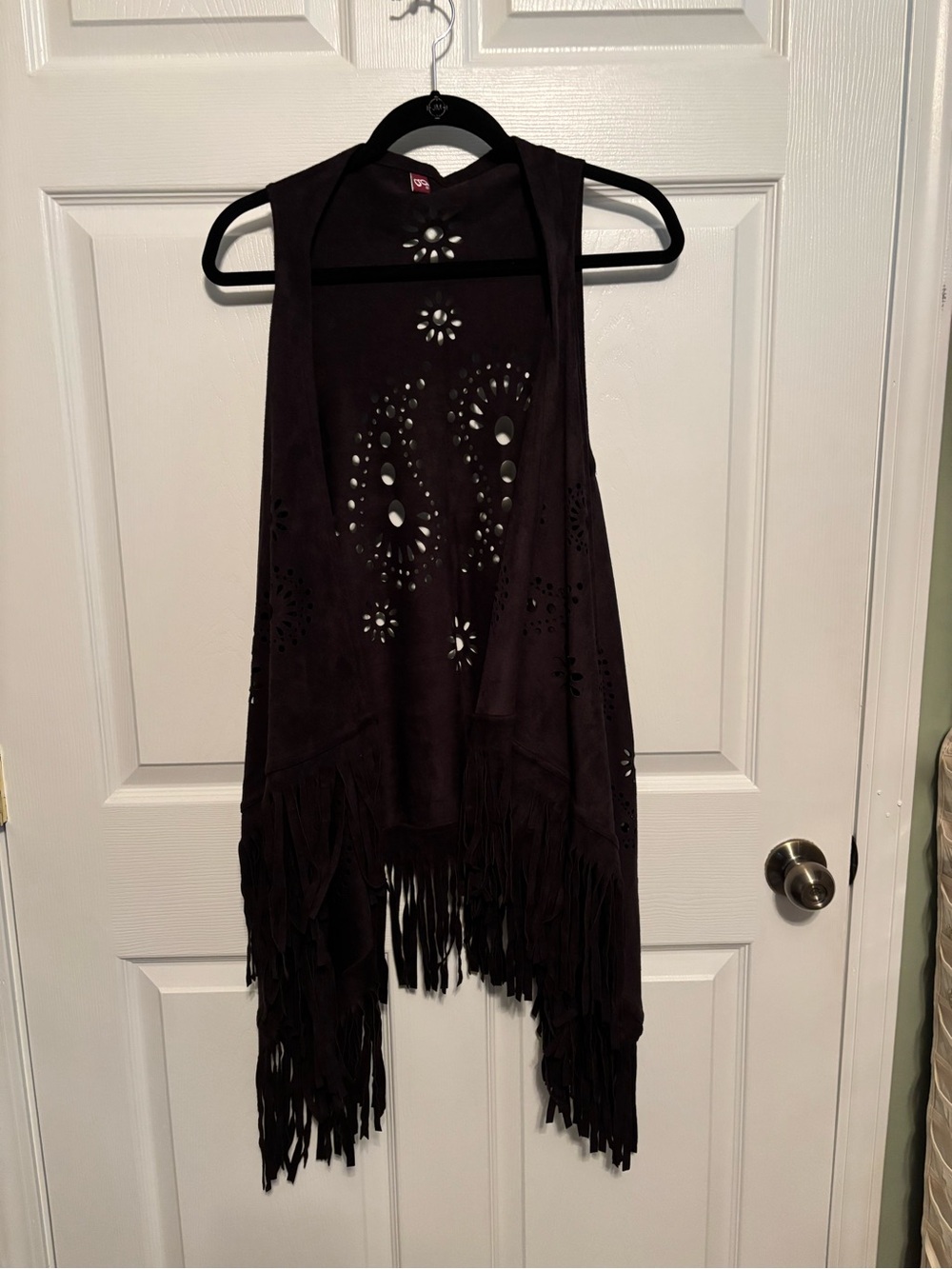 Fringed Faux Suede Laser-Cut Vest in Black